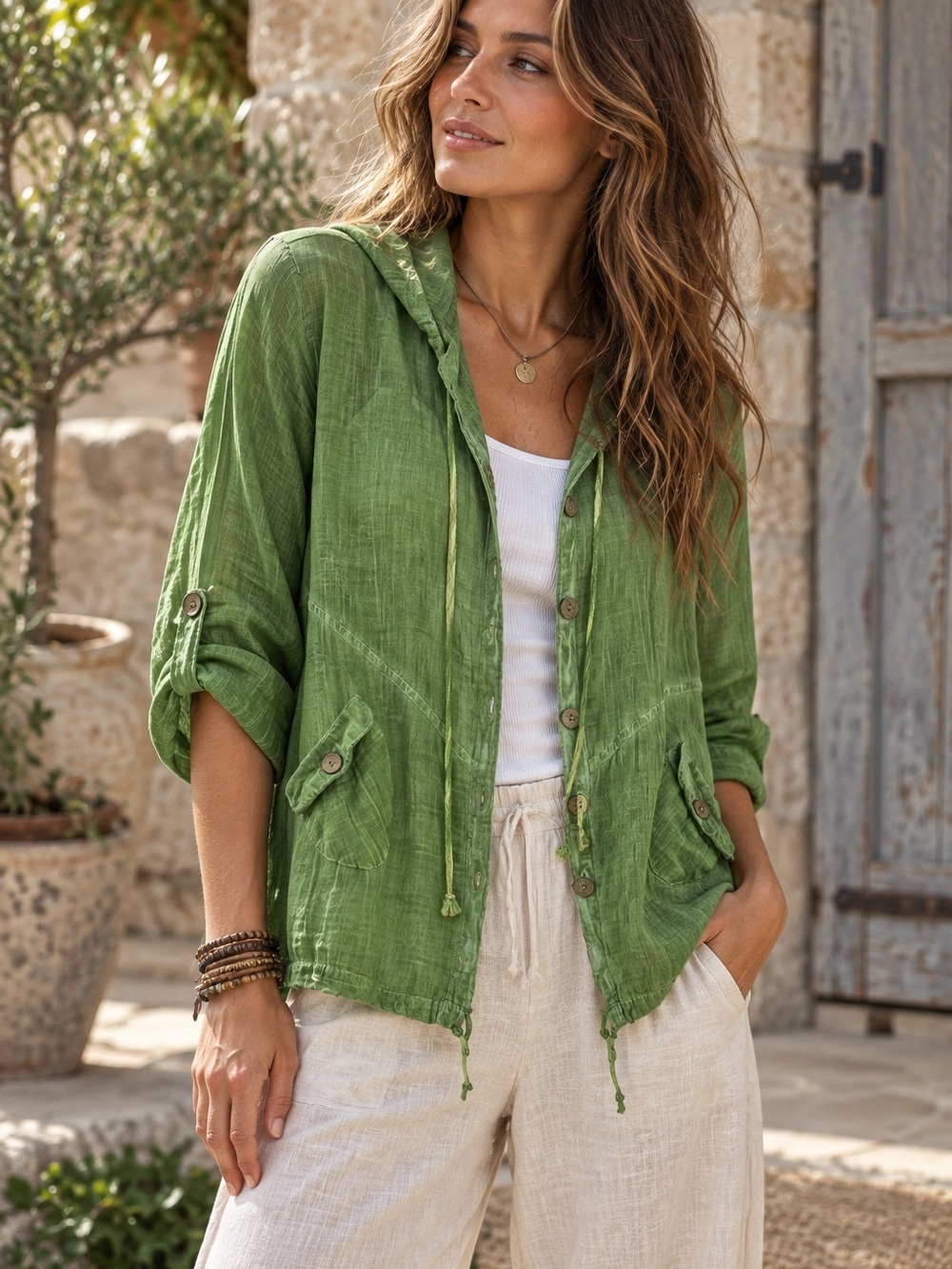 Lagenlook Boho Gauze Hooded Jacket Green Cotton Bergoni Size 1